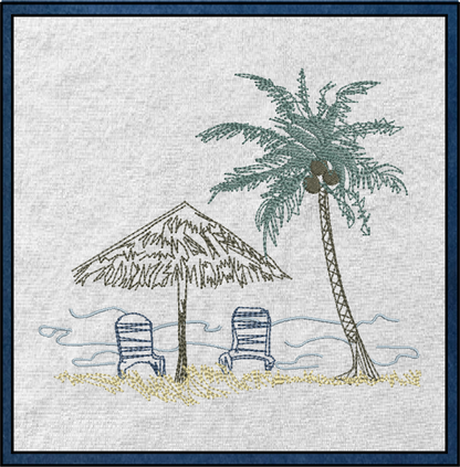 Beach Scene Machine Embroidery Design – Summer Chair & Tropical Palm Tree Pattern, 8 Sizes (0537)