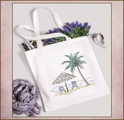 Beach Scene Machine Embroidery Design – Summer Chair & Tropical Palm Tree Pattern, 8 Sizes (0537)