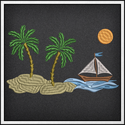 Beach Scene Machine Embroidery Design – Tropical Island and Sailboat Pattern, 8 Sizes (0536)