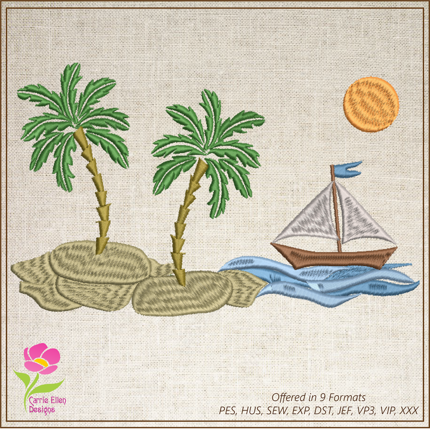 Beach Scene Machine Embroidery Design – Tropical Island and Sailboat Pattern, 8 Sizes (0536)