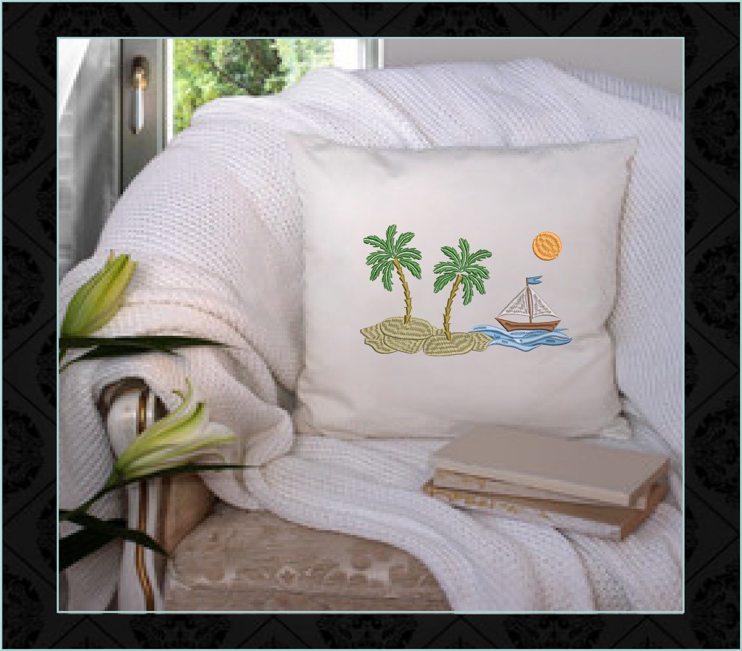 Beach Scene Machine Embroidery Design – Tropical Island and Sailboat Pattern, 8 Sizes (0536)