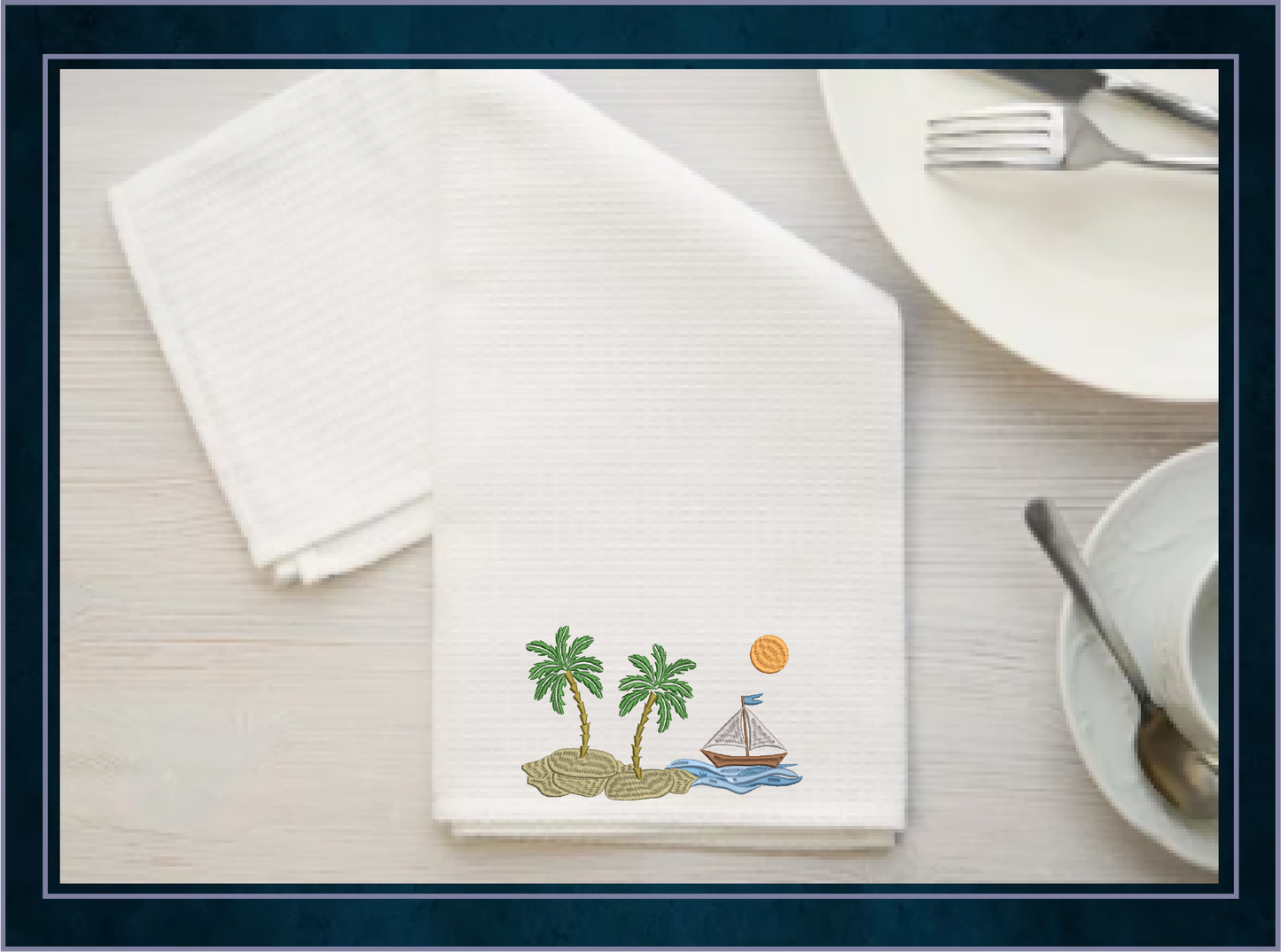 Beach Scene Machine Embroidery Design – Tropical Island and Sailboat Pattern, 8 Sizes (0536)