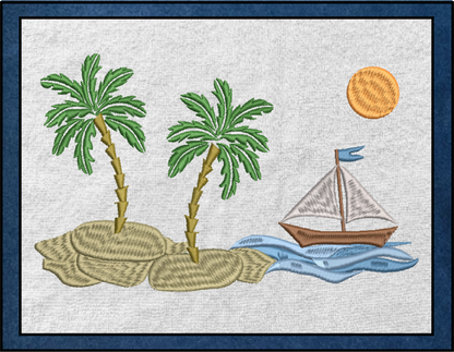 Beach Scene Machine Embroidery Design – Tropical Island and Sailboat Pattern, 8 Sizes (0536)