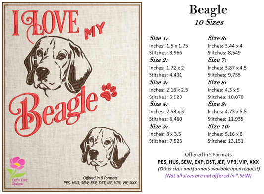 I Love My Beagle Machine Embroidery Design – Cute Dog Breed Embroidery for Pet Lovers, 10 Sizes (0491)