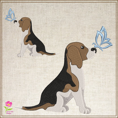Beagle Profile Machine Embroidery Design | Pet Dog with Butterfly | Animal Embroidery Design | 6 Sizes (0742)