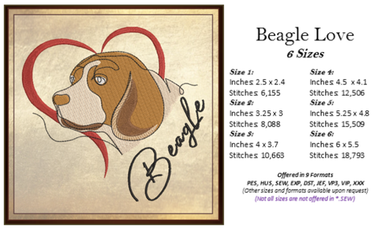 Beagle Love Machine Embroidery Design | Pet Dog with Heart | Dog Lover Animal Embroidery | 6 Sizes (0741)