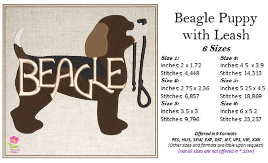 Beagle Puppy Machine Embroidery Design | Puppy with Leash | Dog Lover Animal Pet Embroidery | 6 Sizes (0744)
