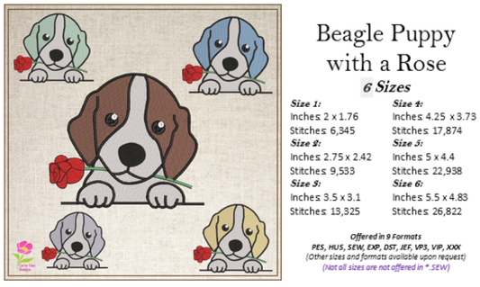 Beagle Puppy with Rose Machine Embroidery Design | Cute Dog Lover Pet Embroidery | Animal Design | 6 Sizes (0740)