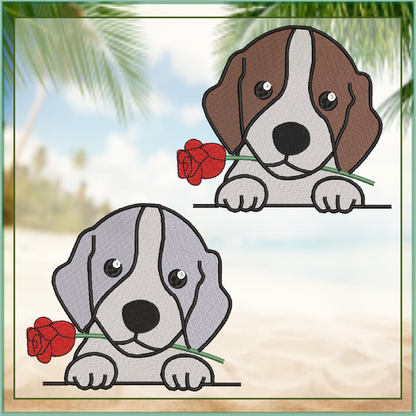 Beagle Puppy with Rose Machine Embroidery Design | Cute Dog Lover Pet Embroidery | Animal Design | 6 Sizes (0740)