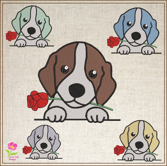 Beagle Puppy with Rose Machine Embroidery Design | Cute Dog Lover Pet Embroidery | Animal Design | 6 Sizes (0740)
