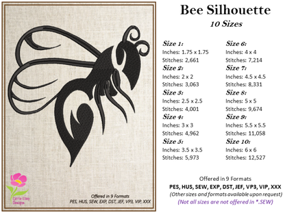 Bee Silhouette Machine Embroidery Design – Bumble Bee, Wasp & Hornet Outline Pattern – 10 Sizes (0116)