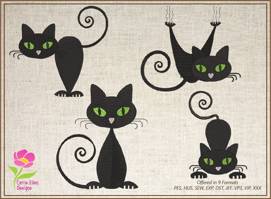 Black Cat Machine Embroidery Design Bundle – Halloween Familiar Cat with Green Eyes, 4 Designs, 10 Sizes Each (0485)
