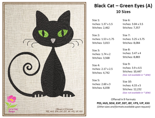 Black Cat Machine Embroidery Design Bundle – Halloween Familiar Cat with Green Eyes, 4 Designs, 10 Sizes Each (0485)