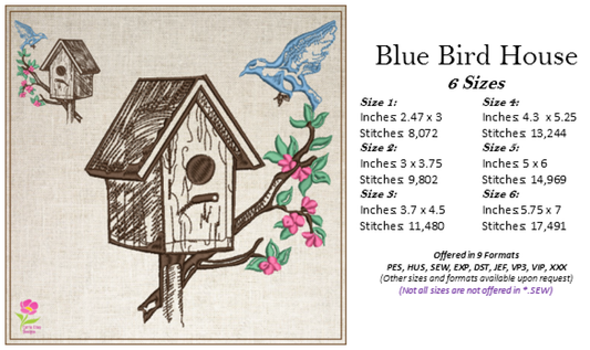 Blue Bird House Machine Embroidery Design | Bird Embroidery Pattern | Home & Garden Design | 6 Sizes (0737)