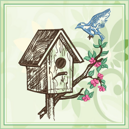 Blue Bird House Machine Embroidery Design | Bird Embroidery Pattern | Home & Garden Design | 6 Sizes (0737)