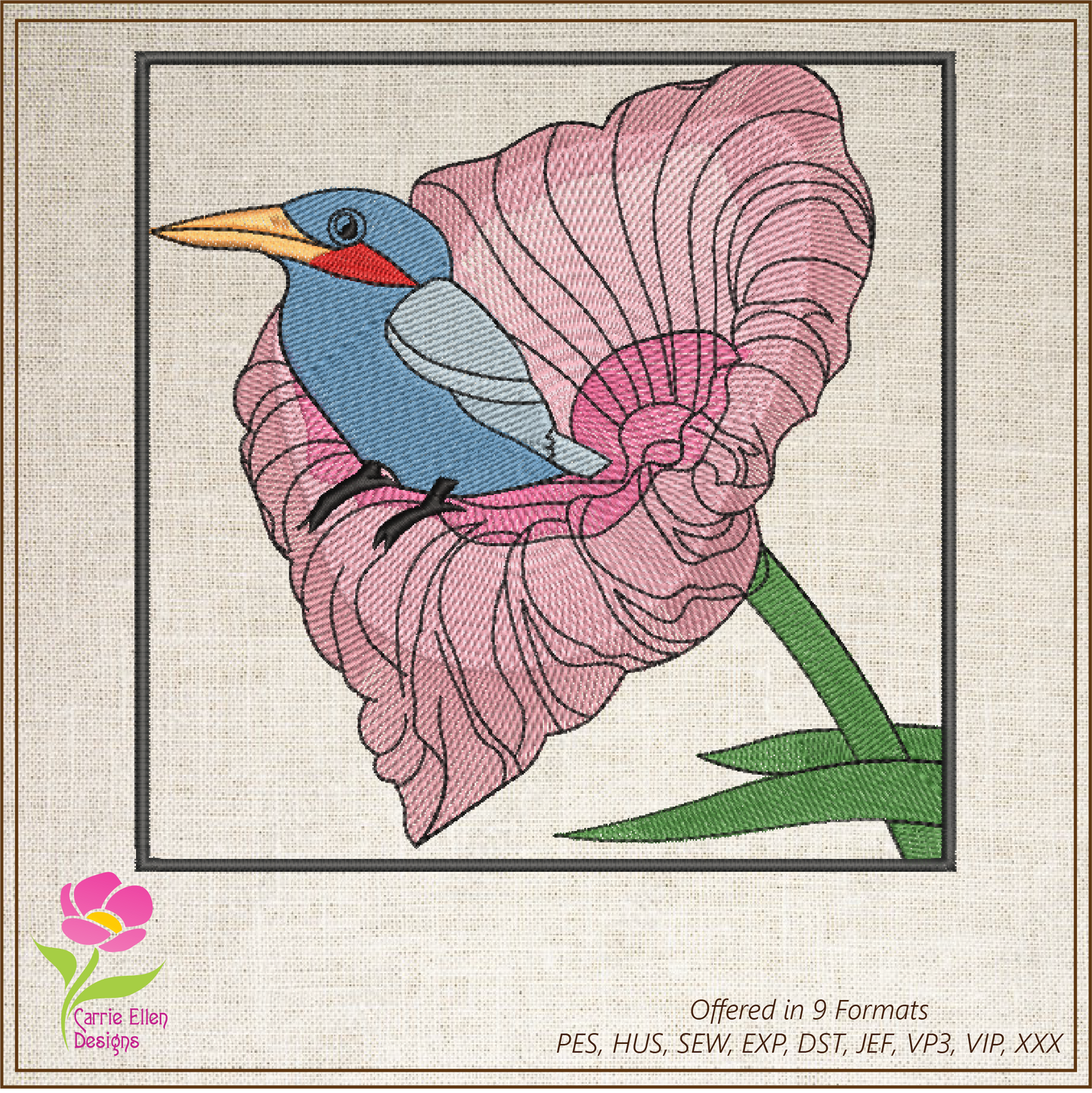 Blue Bird Machine Embroidery Design | Spring Garden Bird & Flower Pattern | Nature-Inspired Embroidery, 8 Sizes (0569)