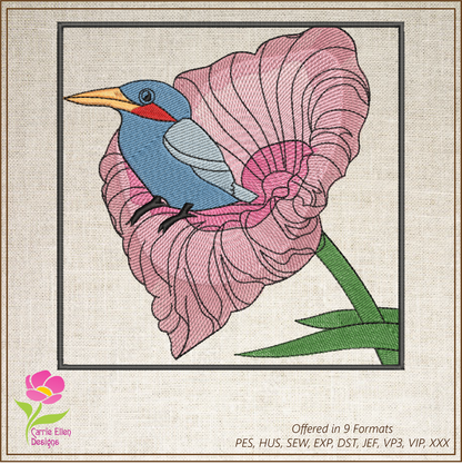 Blue Bird Machine Embroidery Design | Spring Garden Bird & Flower Pattern | Nature-Inspired Embroidery, 8 Sizes (0569)