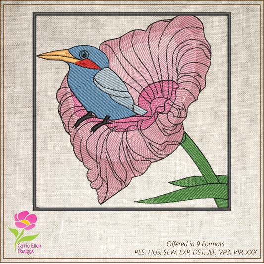 Blue Bird Machine Embroidery Design | Spring Garden Bird & Flower Pattern | Nature-Inspired Embroidery, 8 Sizes (0569)