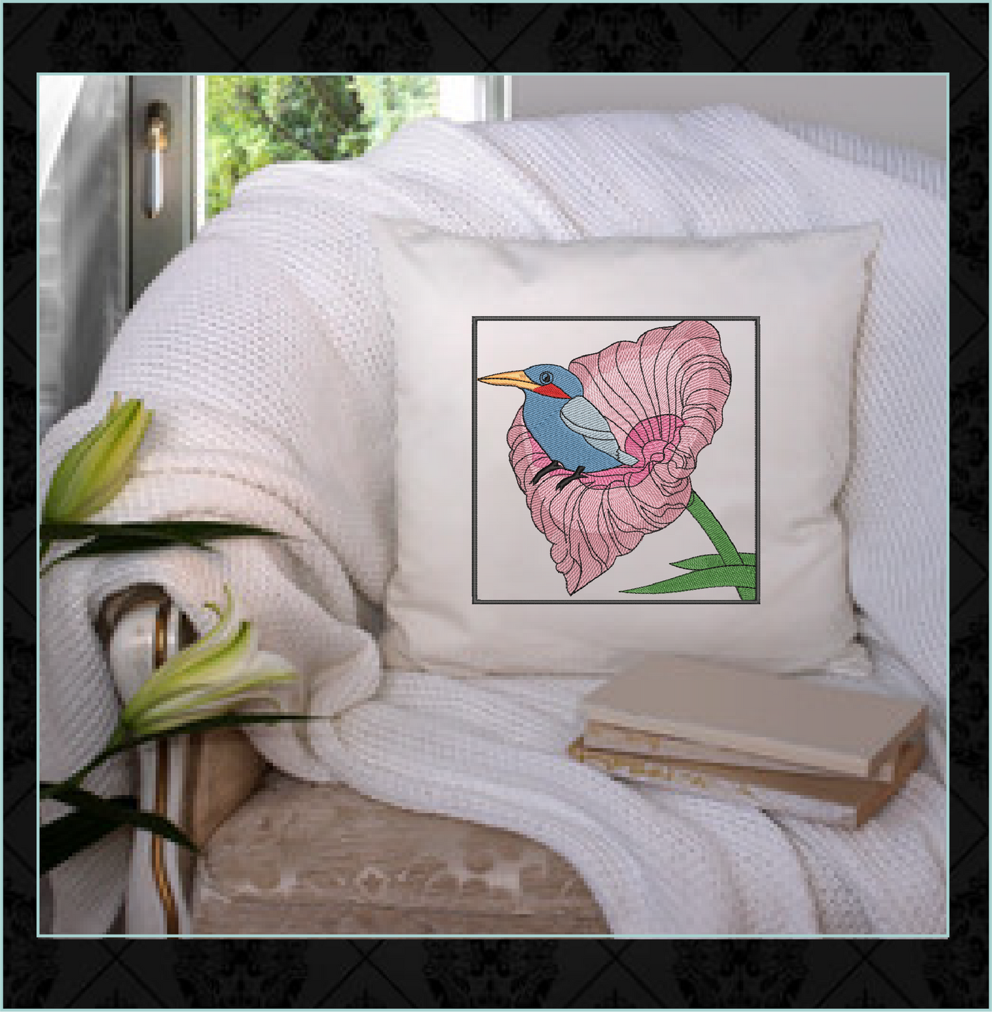 Blue Bird Machine Embroidery Design | Spring Garden Bird & Flower Pattern | Nature-Inspired Embroidery, 8 Sizes (0569)