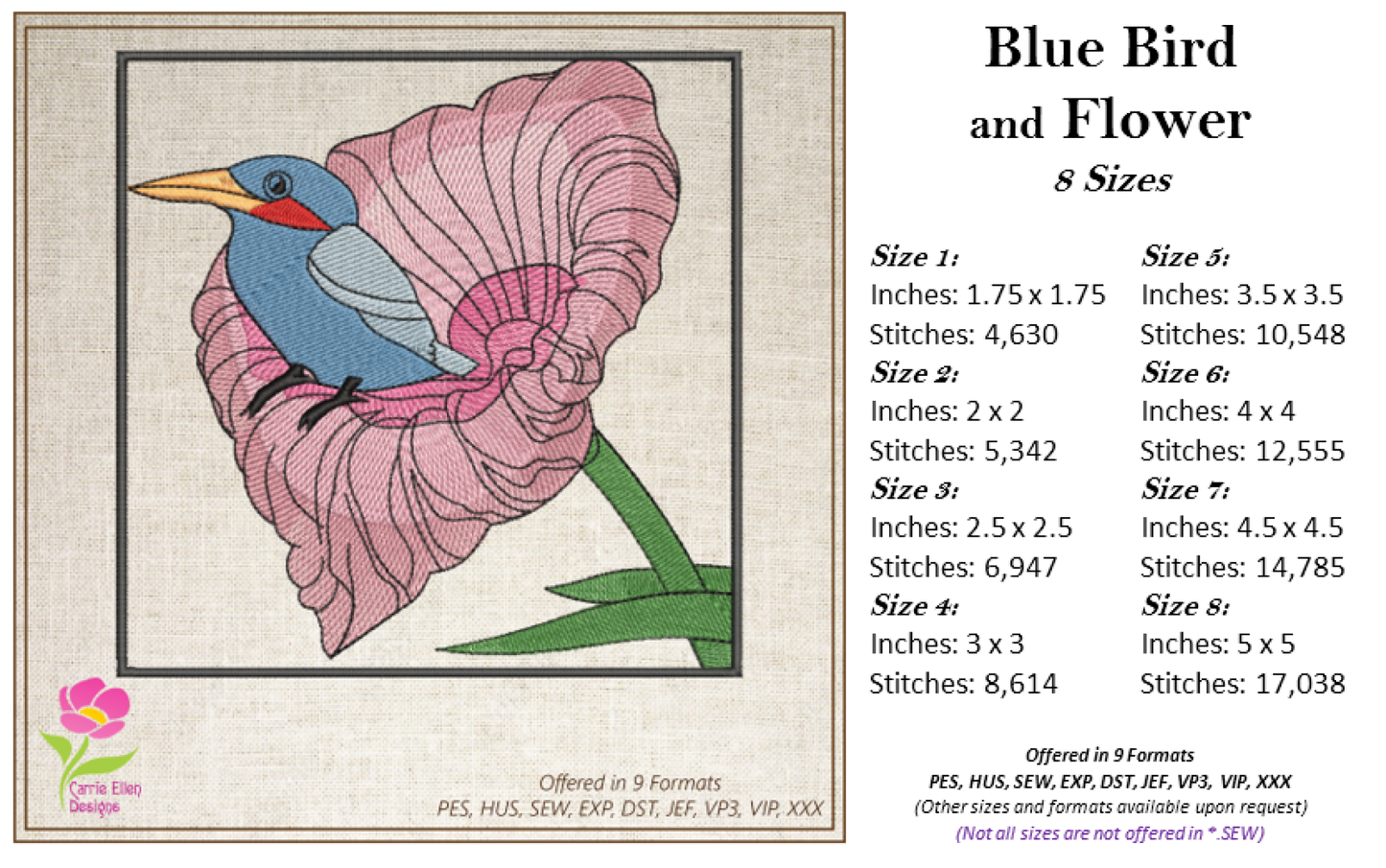 Blue Bird Machine Embroidery Design | Spring Garden Bird & Flower Pattern | Nature-Inspired Embroidery, 8 Sizes (0569)