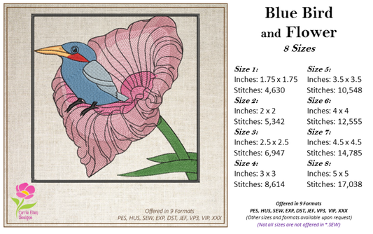 Blue Bird Machine Embroidery Design | Spring Garden Bird & Flower Pattern | Nature-Inspired Embroidery, 8 Sizes (0569)