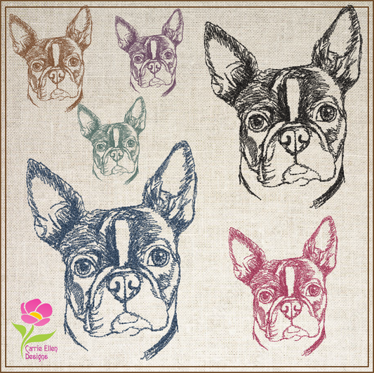 Boston Terrier Sketch Machine Embroidery Design – Pet Dog Line Art Pattern, Animal Embroidery, 4 Sizes (0506)