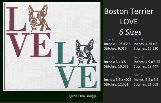 Boston Terrier LOVE Block Dog Machine Embroidery Design – Dog Lover Pattern – 6 Sizes (1187)
