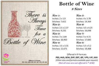 Always Time for a Bottle of Wine Machine Embroidery Design – Wine Quote with Bottle and Glass – 8 Sizes (0170)