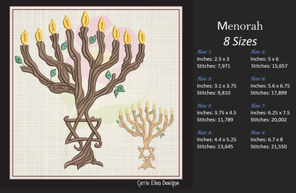 Twisted Wooden Branch Chanukah Menorah Machine Embroidery Design – Menorah Candles, Star of David, Jewish Holiday Embroidery, 8 Sizes (1056)