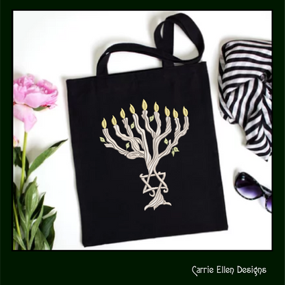 Twisted Wooden Branch Chanukah Menorah Machine Embroidery Design – Menorah Candles, Star of David, Jewish Holiday Embroidery, 8 Sizes (1056)