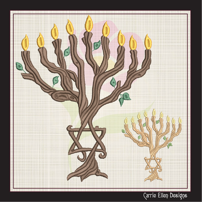 Twisted Wooden Branch Chanukah Menorah Machine Embroidery Design – Menorah Candles, Star of David, Jewish Holiday Embroidery, 8 Sizes (1056)
