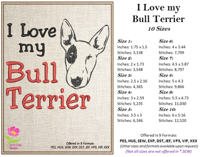 Bull Terrier Machine Embroidery Design – I Love My Bull Terrier, Pit Bull Terrier Dog Embroidery Pattern – Pet Lover Design, 10 Sizes (0291)
