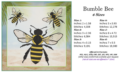 Bumble Bee Machine Embroidery Design – 6 Sizes | Bumblebee Embroidery Pattern, Bee & Insect Stitch Design (0117)