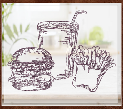 Burger and Fries Sketch Machine Embroidery Design | Fast Food Meal Embroidery | 6 Sizes (0710)