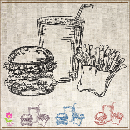Burger and Fries Sketch Machine Embroidery Design | Fast Food Meal Embroidery | 6 Sizes (0710)