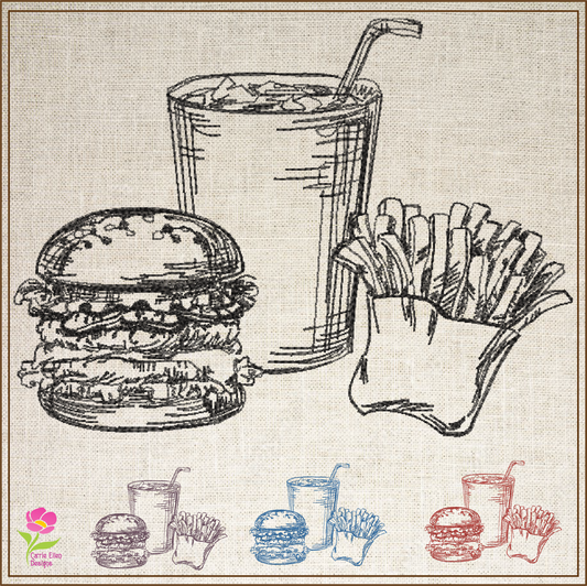 Burger and Fries Sketch Machine Embroidery Design | Fast Food Meal Embroidery | 6 Sizes (0710)