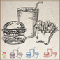Burger and Fries Sketch Machine Embroidery Design | Fast Food Meal Embroidery | 6 Sizes (0710)