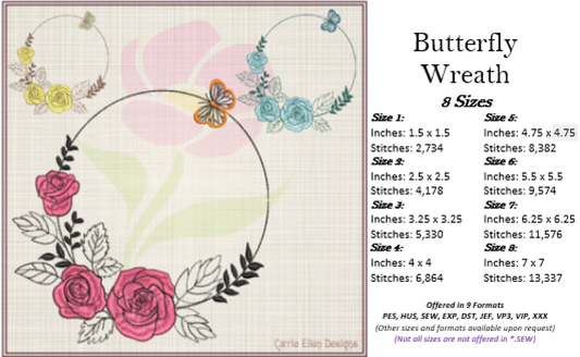 Butterfly Flower Wreath Machine Embroidery Design | Monogram Floral Frame Embroidery | Butterfly and Flowers Design Elements | 8 Sizes (0824)