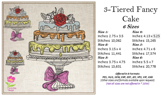 Fancy Cake Machine Embroidery Design | 3-Tiered Layer Cake Dessert Design | Sweet Treat Embroidery | 6 Sizes (0688)