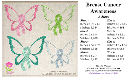 Cancer Awareness Machine Embroidery Design, Breast Cancer Embroidery, Cancer Butterfly Embroidery, Cancer Ribbon Embroidery, 8 Sizes (0365)