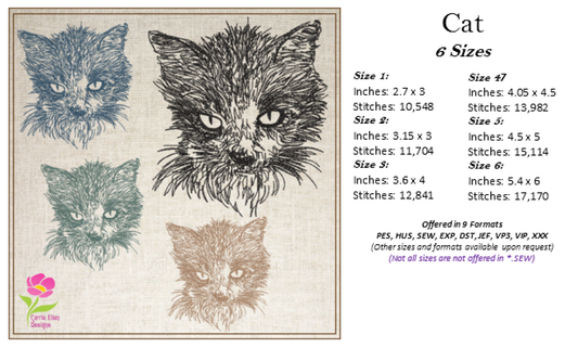 Cat Machine Embroidery Design – Sketch Line Art Pet Embroidery Pattern, 6 Sizes (0494)