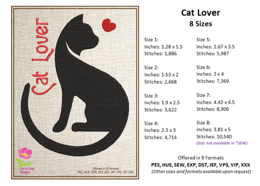 Cat Lover Machine Embroidery Design – Pet Cat Silhouette Embroidery Pattern, 8 Sizes (0483)