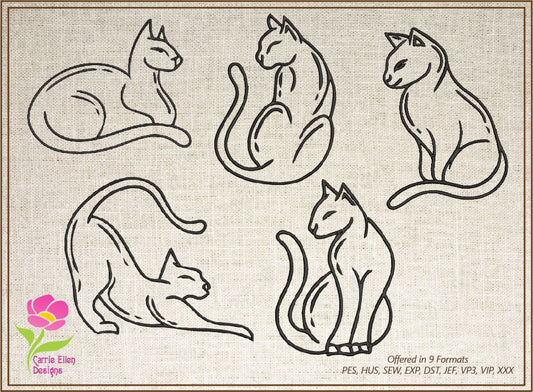 Cat Machine Embroidery Design Bundle – 5 Cat Outline Designs, Kitty Animal Embroidery Pattern, 8 Sizes Each,  (0484)