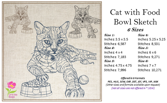 Cat Sketch Machine Embroidery Design | Cat with Food Bowl and Toys | Pet Lover Embroidery | 6 Sizes (0695)