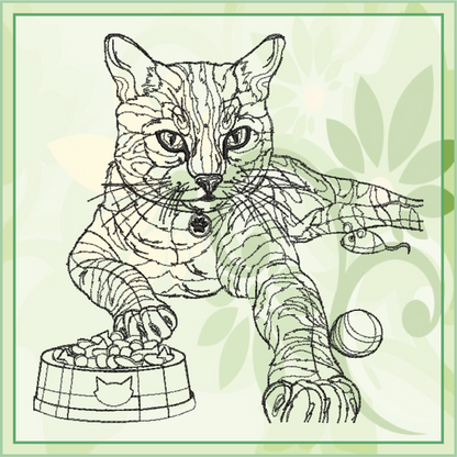 Cat Sketch Machine Embroidery Design | Cat with Food Bowl and Toys | Pet Lover Embroidery | 6 Sizes (0695)