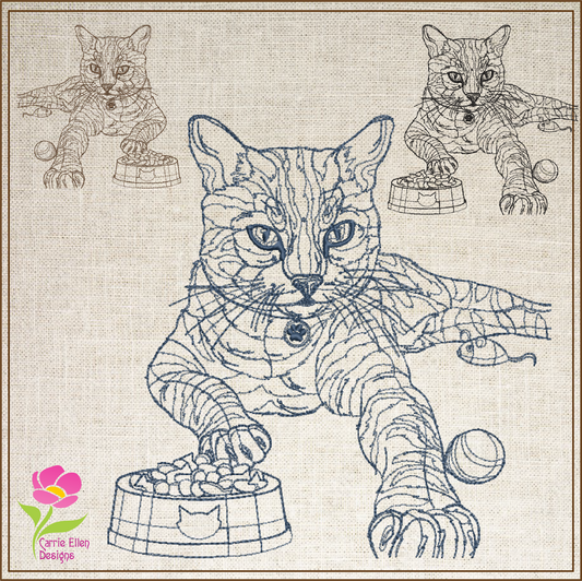 Cat Sketch Machine Embroidery Design | Cat with Food Bowl and Toys | Pet Lover Embroidery | 6 Sizes (0695)