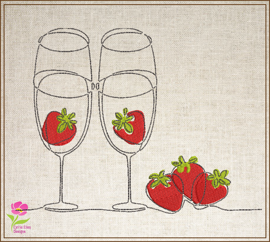 Champagne Flutes & Strawberries Continuous Line Art Machine Embroidery Design, 8 Sizes (0533)