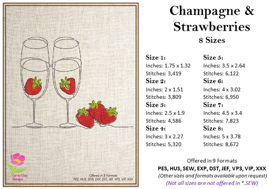 Champagne Flutes & Strawberries Continuous Line Art Machine Embroidery Design, 8 Sizes (0533)
