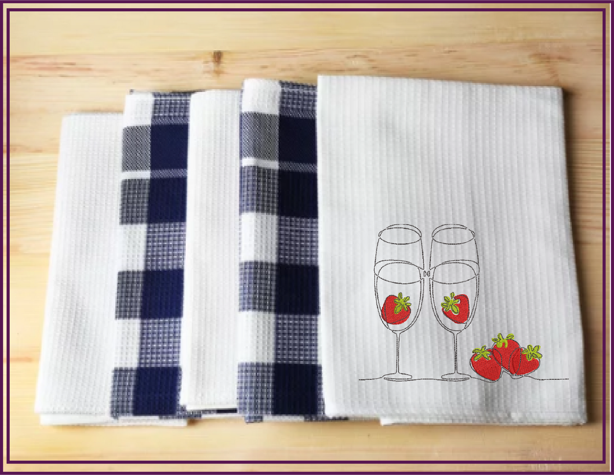 Champagne Flutes & Strawberries Continuous Line Art Machine Embroidery Design, 8 Sizes (0533)