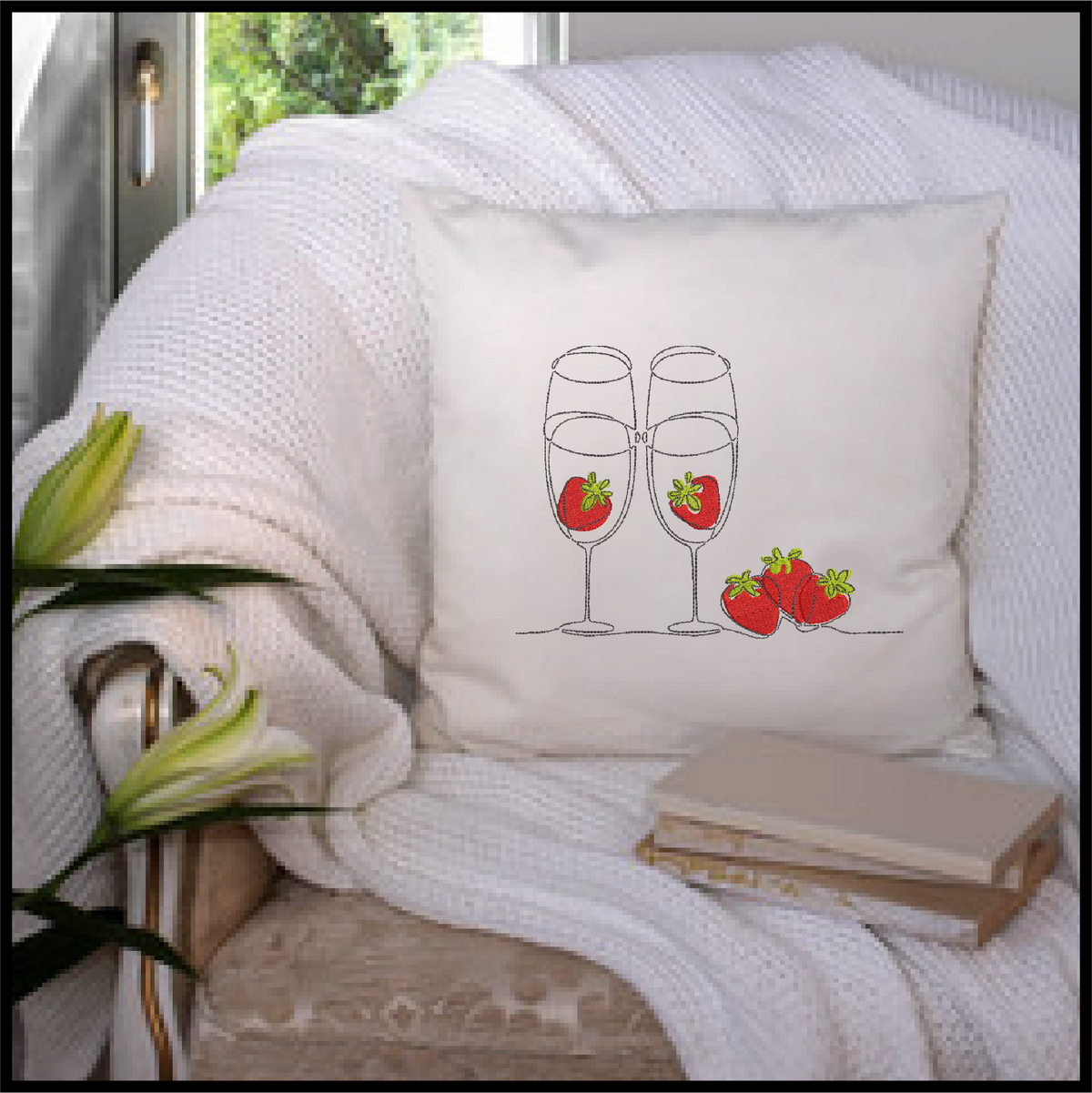 Champagne Flutes & Strawberries Continuous Line Art Machine Embroidery Design, 8 Sizes (0533)